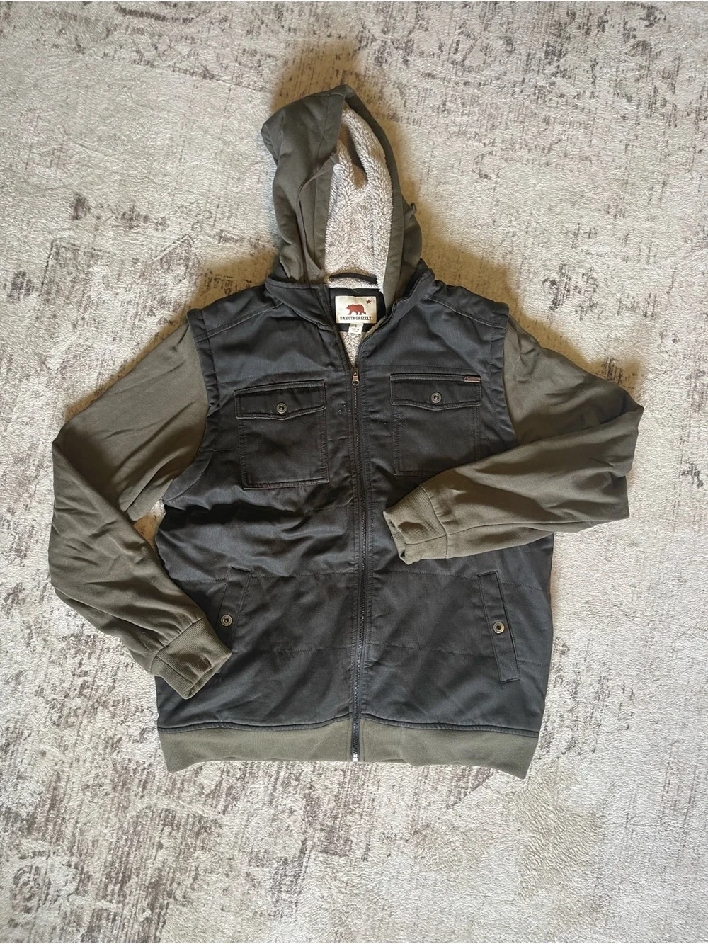 Two-Tone Hooded Utility Jacket - Olive & Charcoal